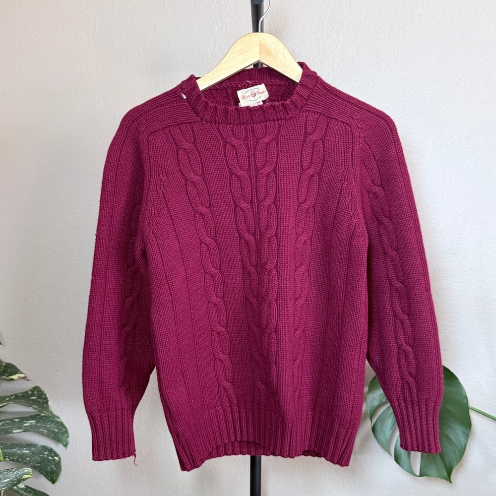 Vintage Alan Paine 100% Cashmere Cable Knit Sweater Red Made in England 42